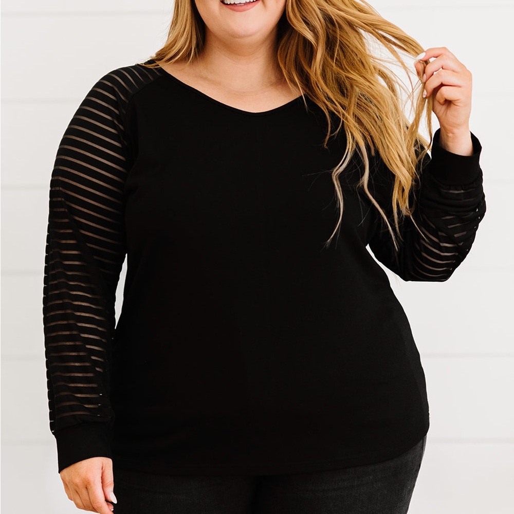 Plus Size Sheer‎ Striped Sleeve V-Neck Top
